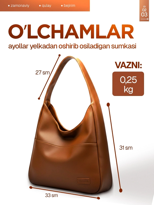 Ayollar sumkasi, xobo yelkaga, A4 sig'adi, har kunga