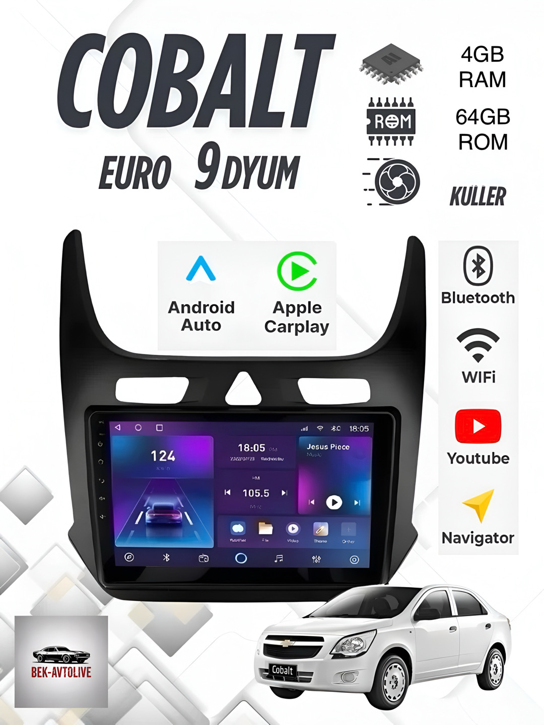 Магнитола андроид для Кобальт 4Г+64Г память CarPlay, WiFi, USB, QLED дисплей с рамкой - 