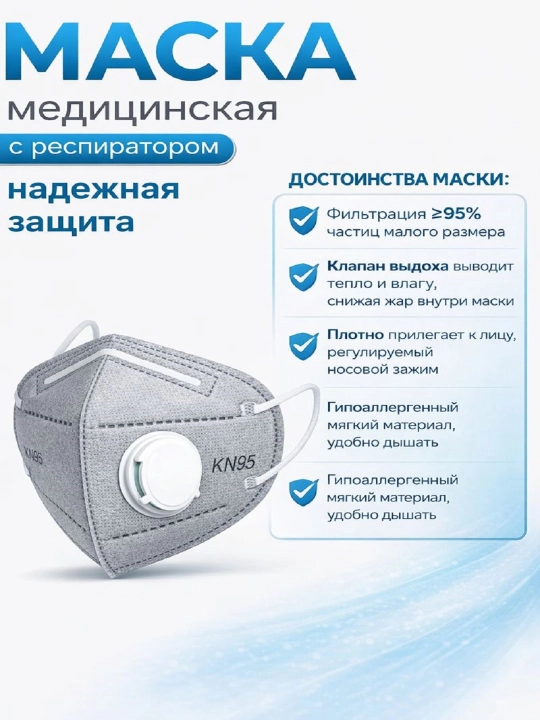 KN95 klapanli to'rt qavatli respirator niqob, viruslardan himoya