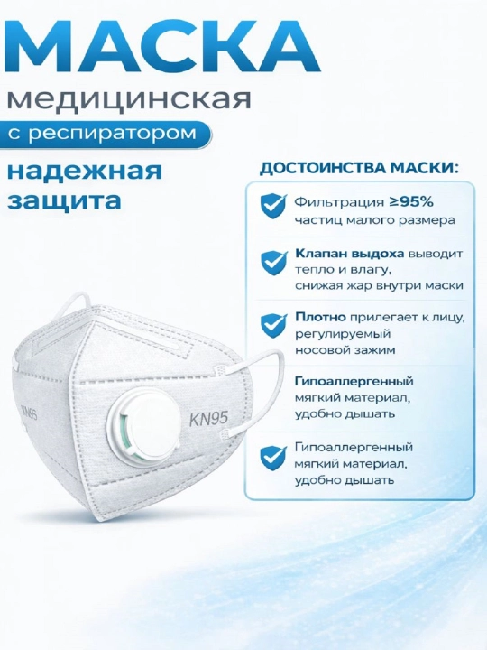 KN95 klapanli to'rt qavatli respirator niqob, viruslardan himoya