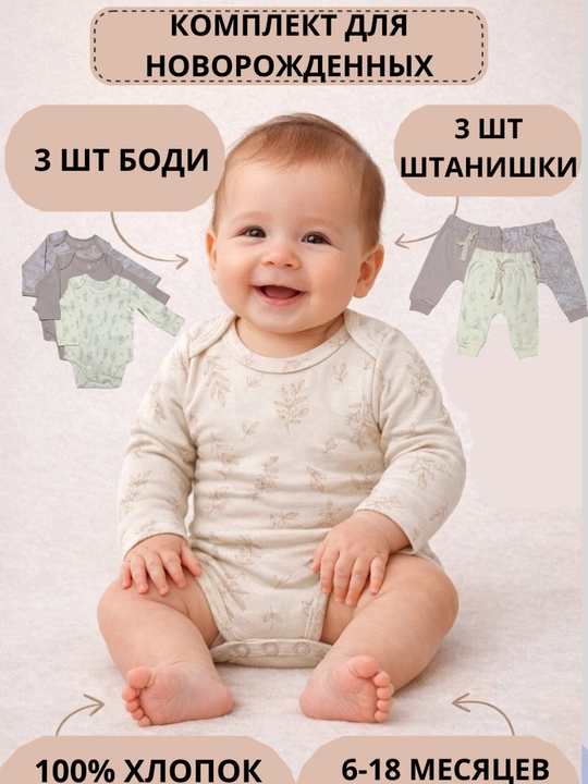 Детская одежда, боди и штанишки,комплект 6 шт хлопок, для новорожденных от 6-18 месяцев