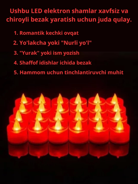 LED bilan olovsiz shamlar, yurak shaklidagi, qizil, 5, 12, 24 dona