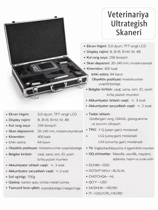 Chiziqli va barmoqli rektal sensorli ko‘chma veterinariya Uzi tekshiruvi apparati