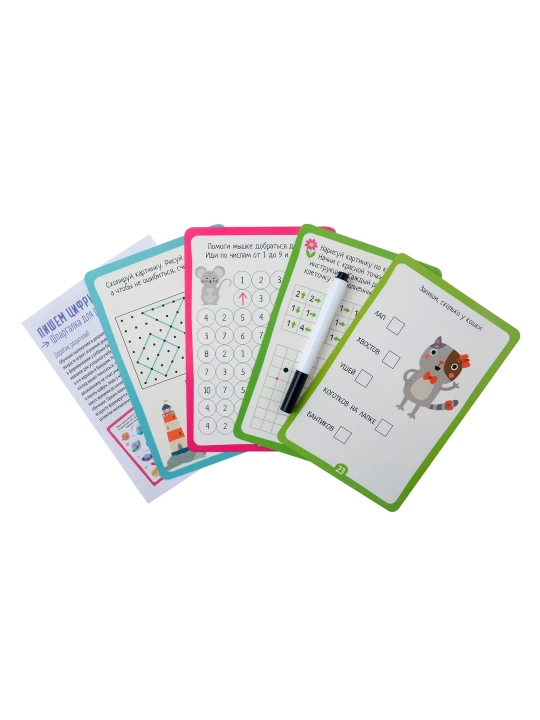 IQ qayta ishlatiladigan flesh-kartalar, marker bilan, 4-6 yoshdagilar uchun raqamlarni yozish va sanash, Iris-Press - 