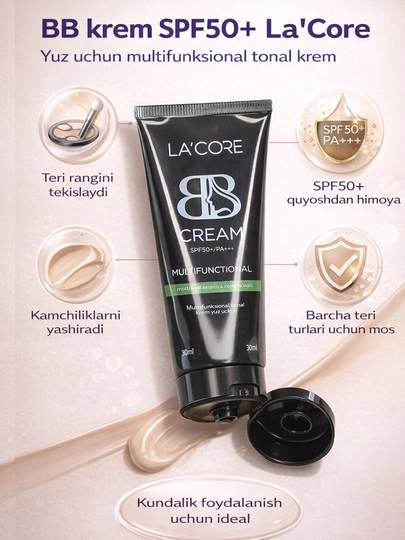 BB krem SPF50+ La’core – yuz uchun ko‘p funksiyali tonal asos - 