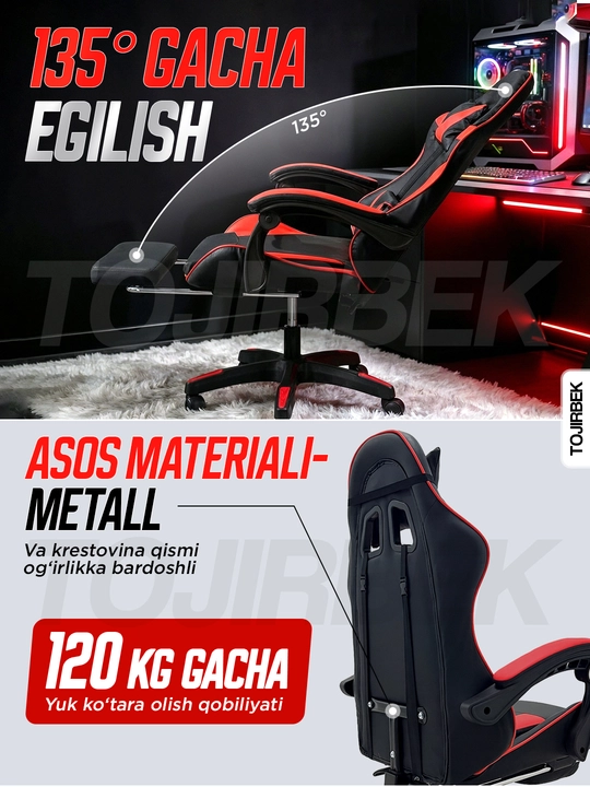 Gaming kreslo TOJIRBEK, kompyuter va ofis uchun, oyoq qo'ygichli o'rindiq