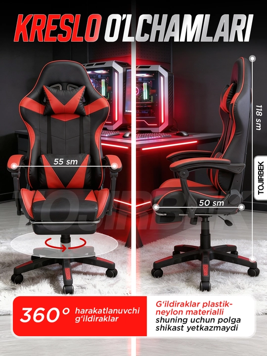 Gaming kreslo TOJIRBEK, kompyuter va ofis uchun, oyoq qo'ygichli o'rindiq