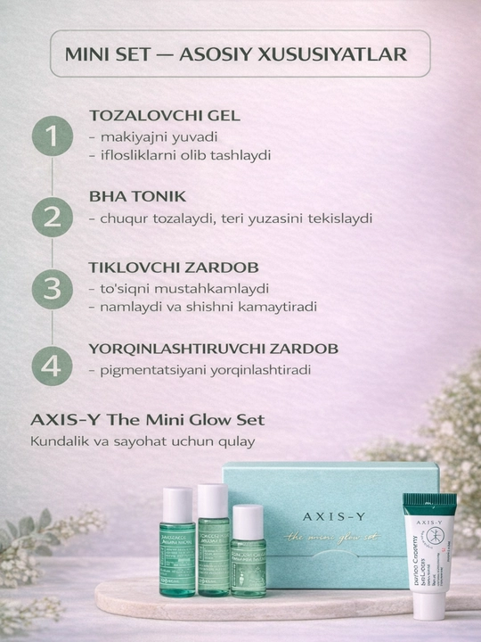 AXIS-Y Mini Glow Set – yuz parvarishi uchun mini to‘plam