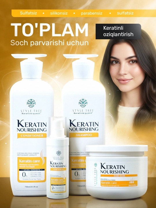 Keratin Queen keratinli soch parvarishi to‘plami: shampun, konditsioner, niqob, sarum