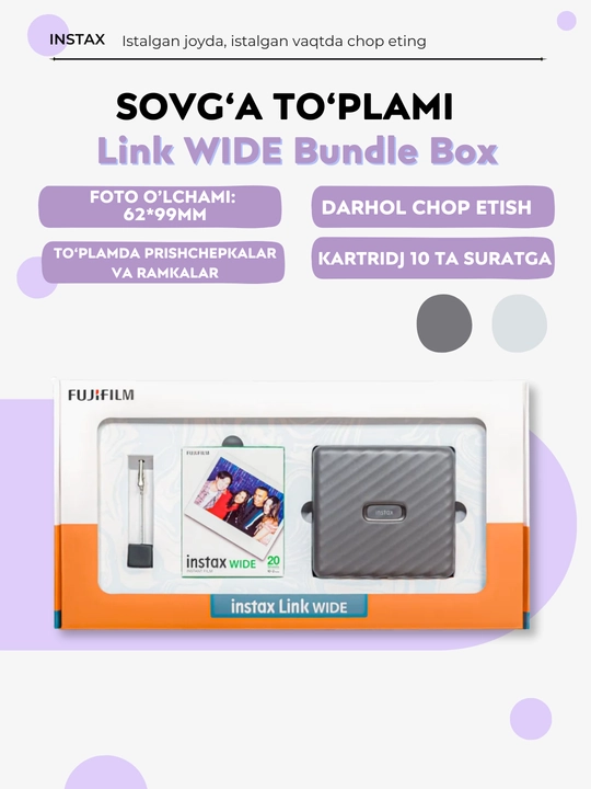 Instax Link WIDE sovg‘a to‘plami: fotoprinter, 20 ta suratga kartridjlar, ushlagich