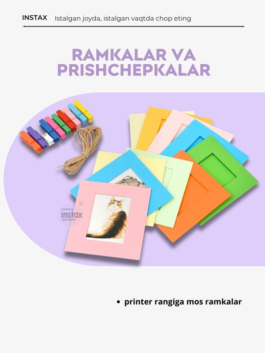 Instax Mini Link 3 sovg‘a to‘plami: printer, kartrij, qisqichlar va ramkalar to'plamda