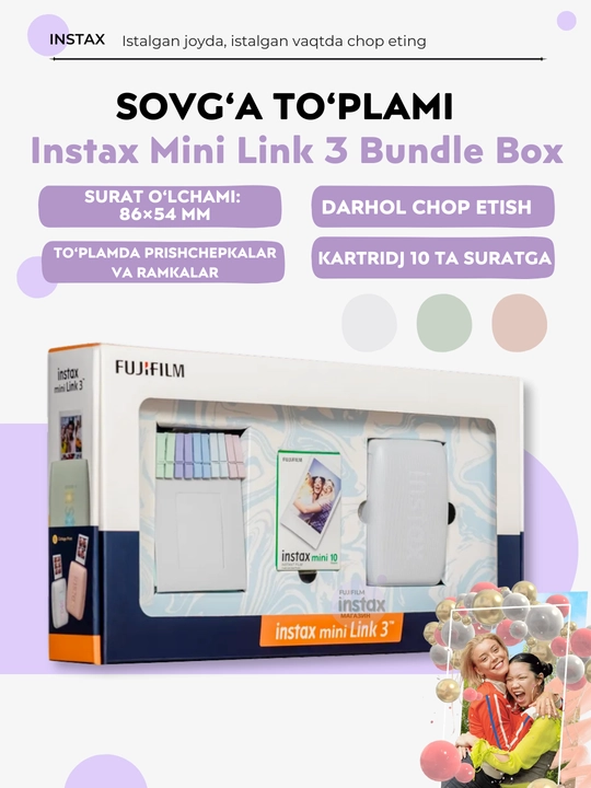 Instax Mini Link 3 sovg‘a to‘plami: printer, kartrij, qisqichlar va ramkalar to'plamda