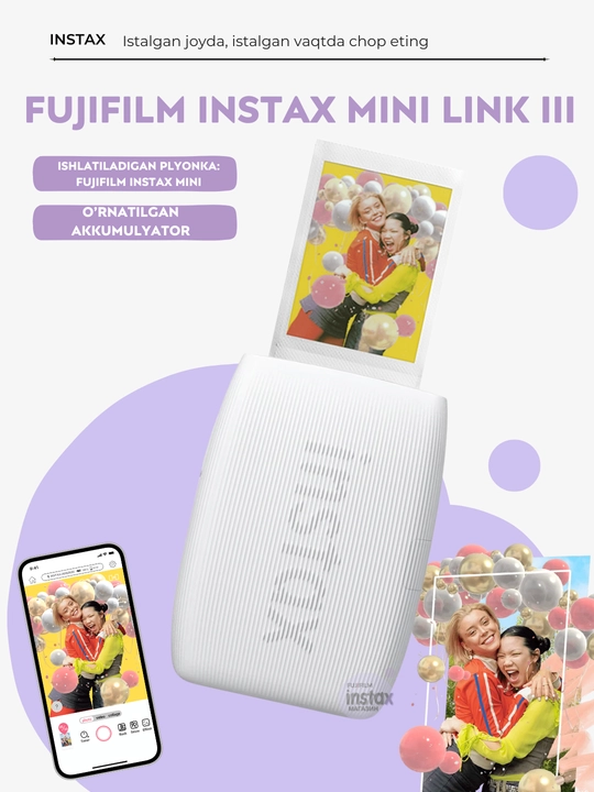 Instax Mini Link 3 sovg‘a to‘plami: printer, kartrij, qisqichlar va ramkalar to'plamda