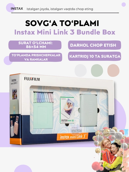 Instax Mini Link 3 sovg‘a to‘plami: printer, kartrij, qisqichlar va ramkalar to'plamda