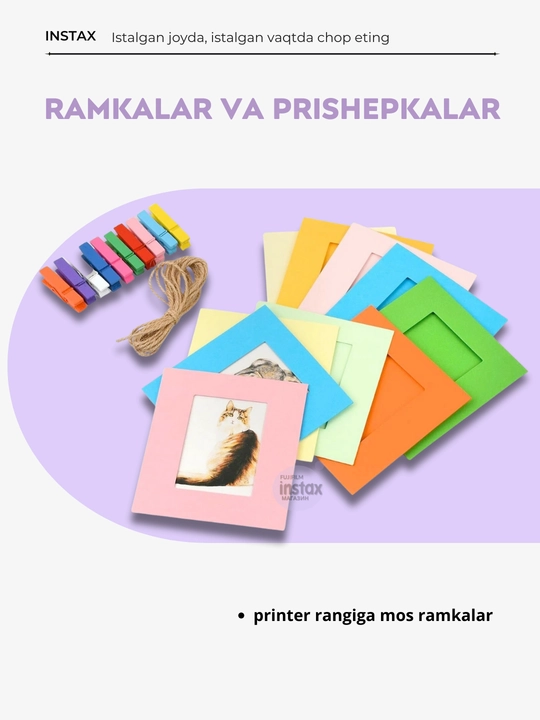 Instax Mini Link 3 sovg‘a to‘plami: printer, kartrij, qisqichlar va ramkalar to'plamda