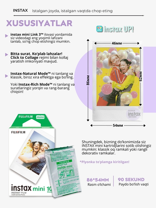 Instax Mini Link 3 sovg‘a to‘plami: printer, kartrij, qisqichlar va ramkalar to'plamda