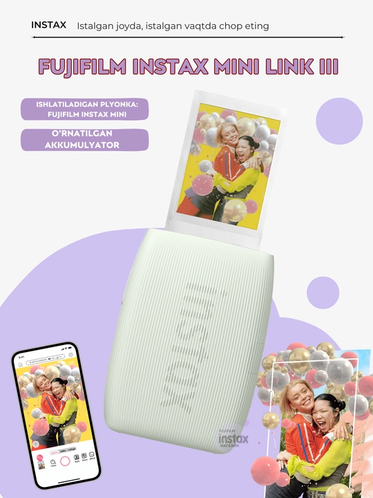 Instax Mini Link 3 sovg‘a to‘plami: printer, kartrij, qisqichlar va ramkalar to'plamda