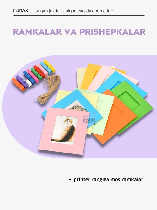 Instax Mini Link 3 sovg‘a to‘plami: printer, kartrij, qisqichlar va ramkalar to'plamda