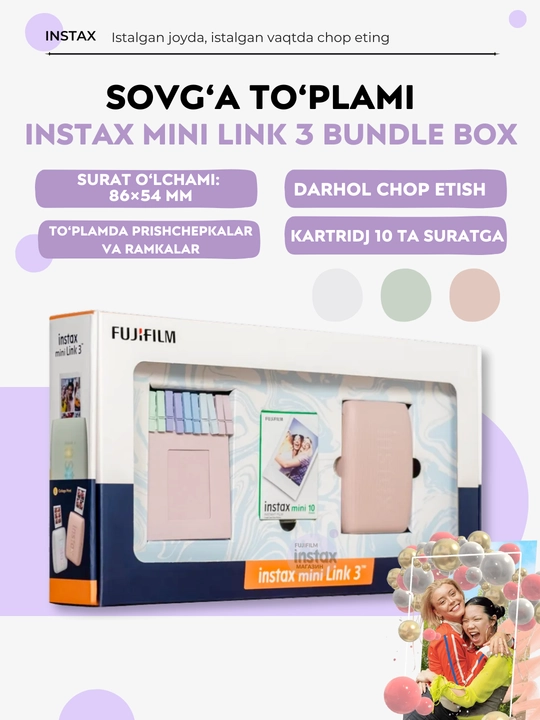 Instax Mini Link 3 sovg‘a to‘plami: printer, kartrij, qisqichlar va ramkalar to'plamda