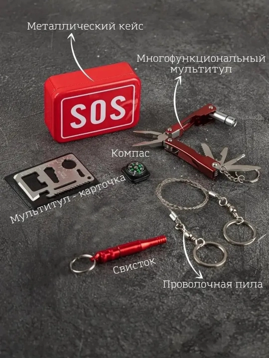 Туристический набор SOS, набор для выживания - мультитул, пила, компас, плоскогубцы, отвёртка