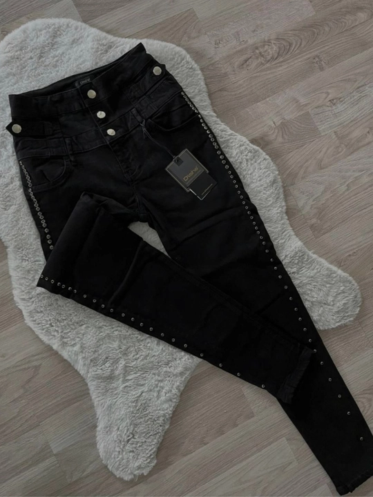 Rhinestone chiziqlari bilan baland belli tor jinsi shimlar - 