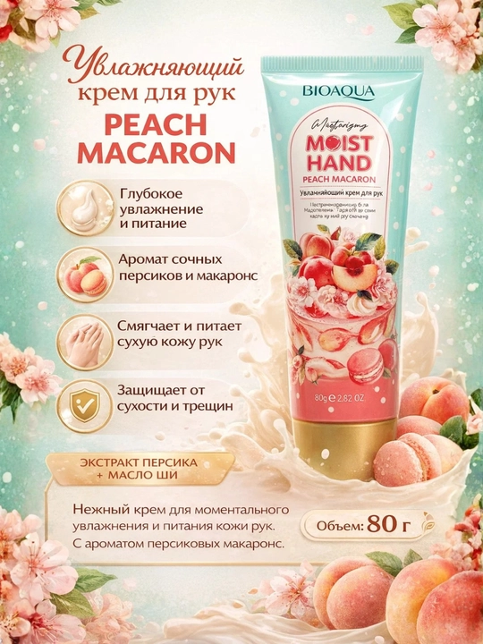 BIOAQUA Moist Hand Peach Macaron namlovchi qo‘l kremi, 80 g