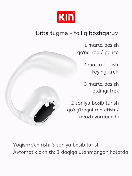 Simsiz quloqchin KIN KL30, mono, Bluetooth mikrofonli, quloqqa ilinadigan