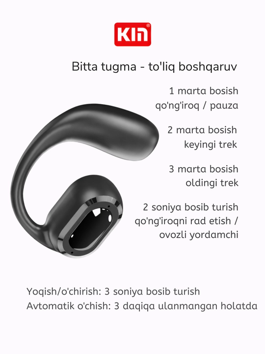 Simsiz quloqchin KIN KL30, mono, Bluetooth mikrofonli, quloqqa ilinadigan