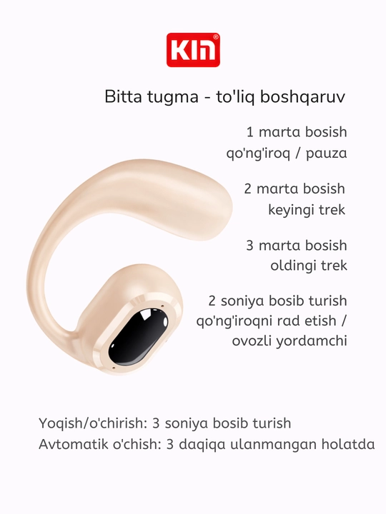 Simsiz quloqchin KIN KL30, mono, Bluetooth mikrofonli, quloqqa ilinadigan