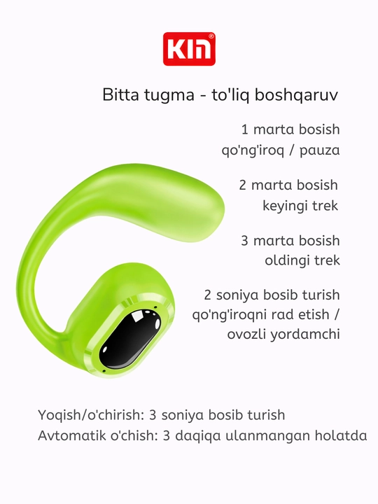 Simsiz quloqchin KIN KL30, mono, Bluetooth mikrofonli, quloqqa ilinadigan