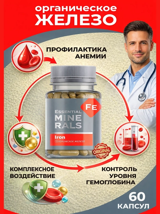 Organik Temir,  Iron 60 kapsula – anemiyaga qarshi, gemoglobin darajasini nazorat qilish