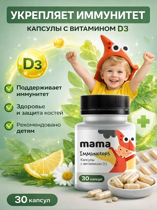 Immunotops Vitamin D3 bilan – bolalar immuniteti uchun kapsula, Vitamama, 30 dona