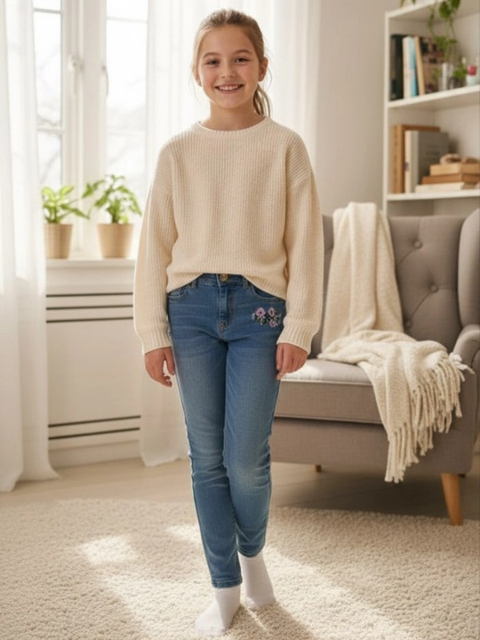 Qizlar uchun bolalar jinsi shimlar, gul kashtali, ko‘k rang — LEADER KIDS - 