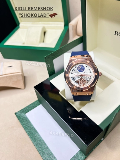 Часы Hublot мужские ремешок с запахом "шоколад" с индикатором даты в подарочной коробке — CLEANNE-NEWHUBLOTXIDLI-СИНИЙ