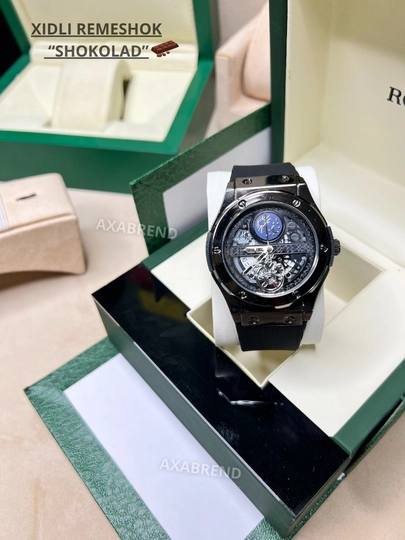 Часы Hublot мужские ремешок с запахом "шоколад" с индикатором даты в подарочной коробке — CLEANNE-NEWHUBLOTXIDLI-ШОКОЛ