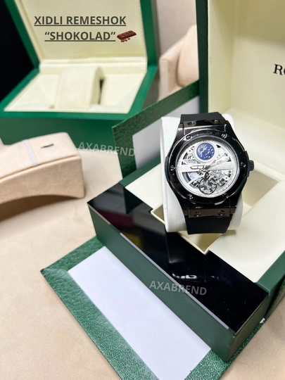 Часы Hublot мужские ремешок с запахом "шоколад" с индикатором даты в подарочной коробке — CLEANNE-NEWHUBLOTXIDLI-БЕЛЫЙ