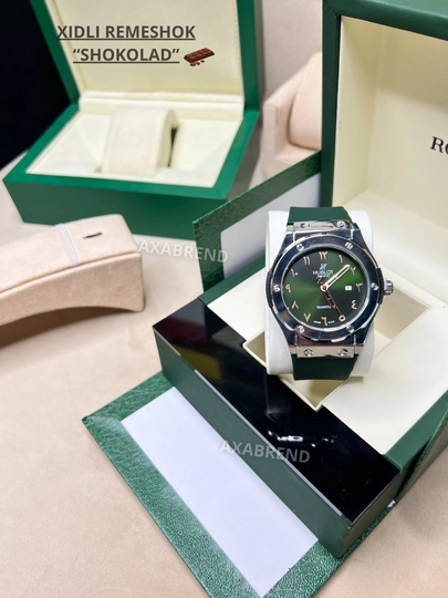 Часы Hublot мужские ремешок с запахом "шоколад" с индикатором даты в подарочной коробке — CLEANNE-NEWHUBLOTXIDLI-ЗЕЛЕН