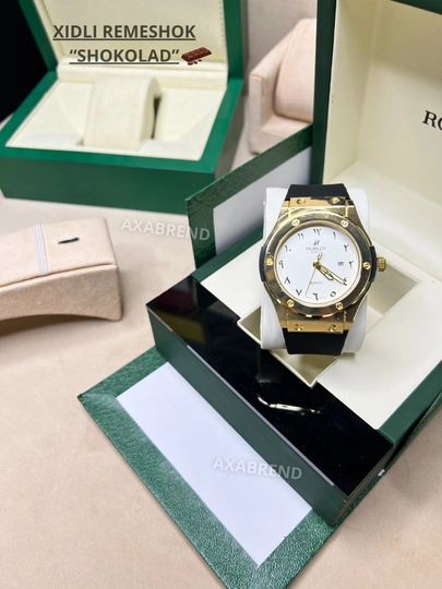 Часы Hublot мужские ремешок с запахом "шоколад" с индикатором даты в подарочной коробке — CLEANNE-NEWHUBLOTXIDLI-ЗОЛОТ