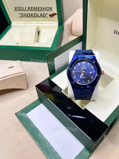 Часы Hublot мужские ремешок с запахом "шоколад" с индикатором даты в подарочной коробке — CLEANNE-NEWHUBLOTXIDLI-ЛАЗУР