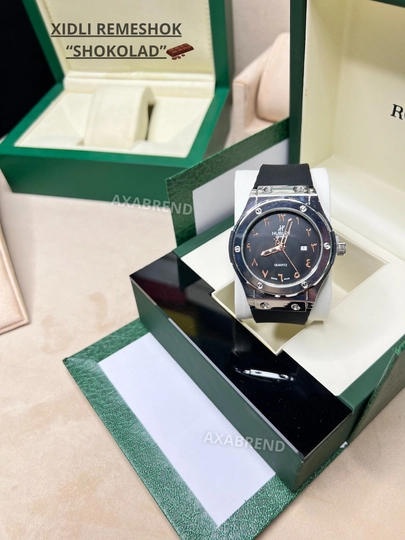 Часы Hublot мужские ремешок с запахом "шоколад" с индикатором даты в подарочной коробке — CLEANNE-NEWHUBLOTXIDLI-ЧЕРНСТЕ