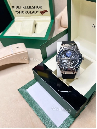 Часы Hublot мужские ремешок с запахом "шоколад" с индикатором даты в подарочной коробке