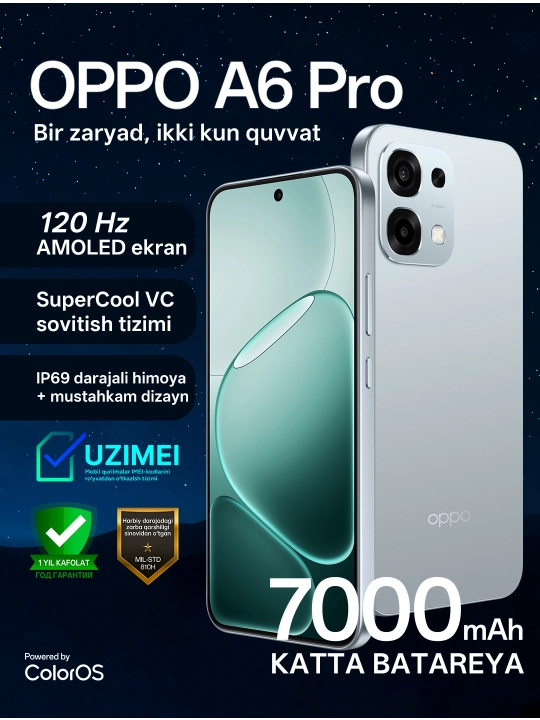 Смартфон OPPO A6 Pro 8/256GB, "Серебристый"|"Звёздный синий", 1 год гарантии + UzIMEI - 
