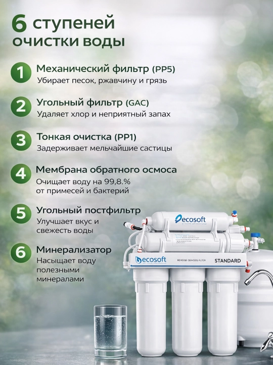 Фильтр для воды под мойку, для кухни, дома, обратный осмос Ecosoft Standard 6-50M
