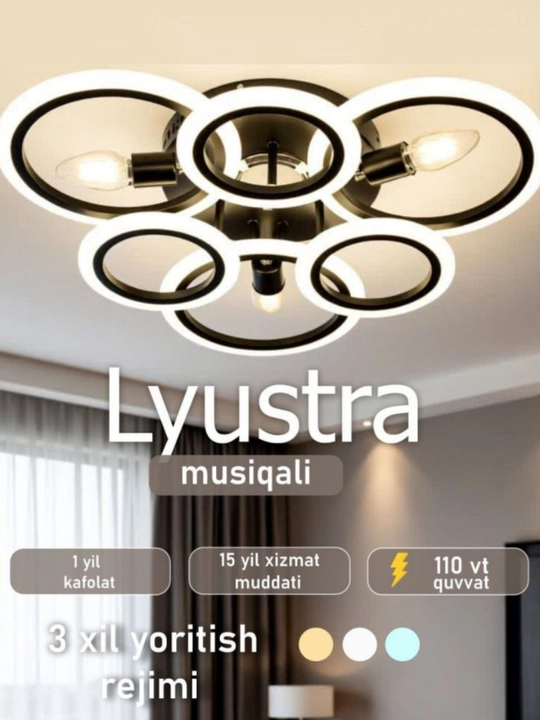 Люстра LED, музыкальная, с пультом, 3 режима освещения, для спальни, зала, кухни