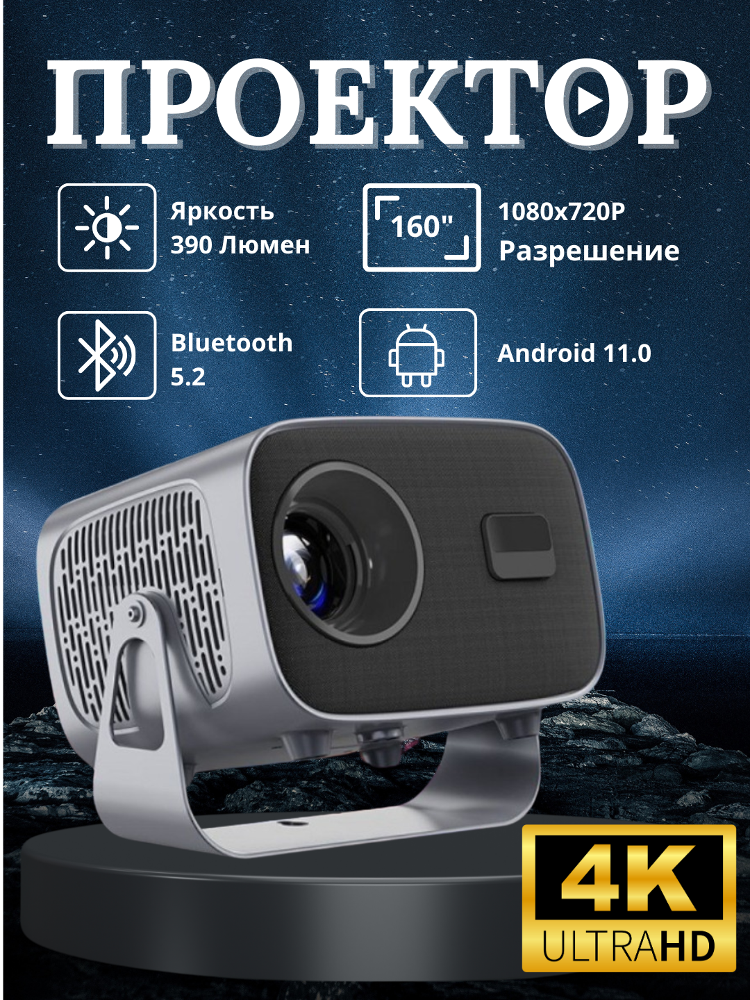 Смарт мини-проектор HY320, для домашнего кинотеатра, Android 11, 1920 * 1080 Full HD Wi-Fi - 