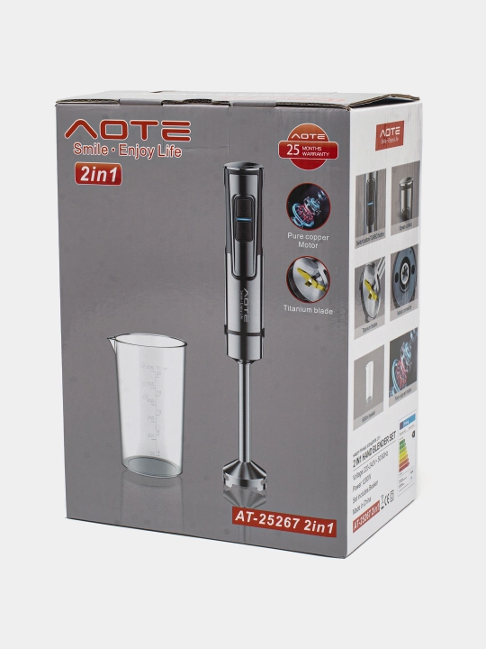 AOTE AT-25267 Qo'l blenderi, 1200 Vt, zanglamaydigan po'latdan yasalgan, 600 ml stakanli