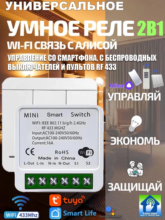 Ikki diapazonli WiFi+RF433 rele, Tuya Smart/Smart Life, Alisa