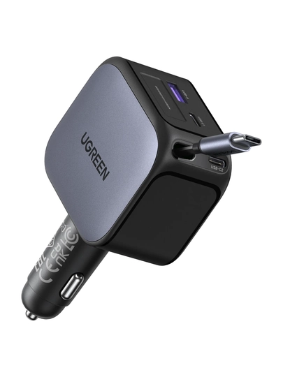 UGREEN Nexode avtomobil zaryadlovchi qurilmasi 145 Vt,tortib olinadigan USB-C kabeli bilan 3
