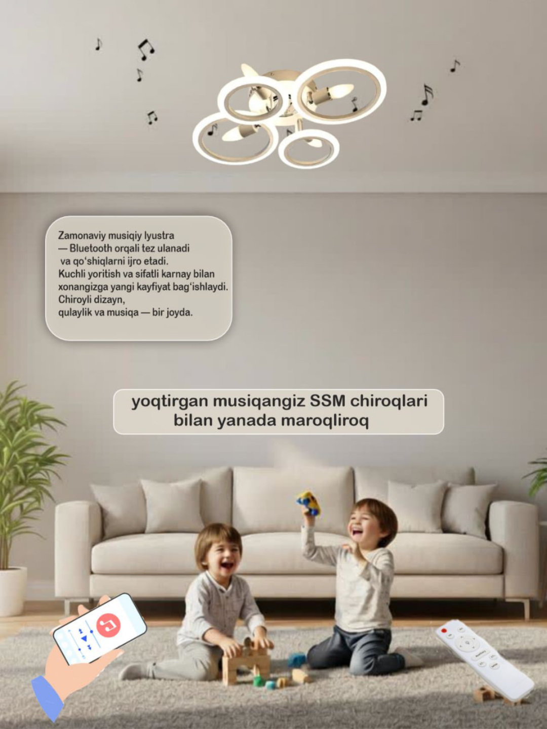 LED qandil, musiqali, pultli, 3 xil yoritish rejimi, yotoqxona, zal, oshxona uchun
