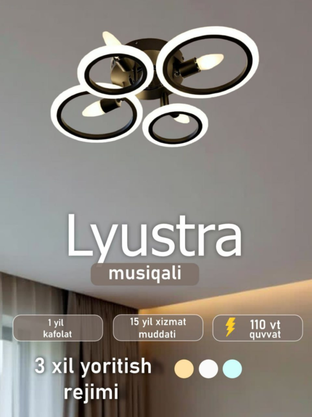 LED qandil, musiqali, pultli, 3 xil yoritish rejimi, yotoqxona, zal, oshxona uchun - 